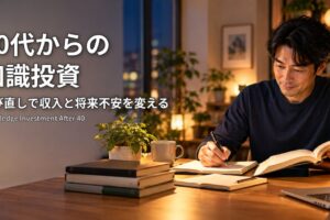 40代からの知識投資：夜の自宅の机で本とノートを広げて学び直しをする40代の男性