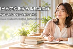自己肯定感を高める知識投資 40代からの心と収入を整える学び 窓辺の席でノートに書き留めながら微笑む女性