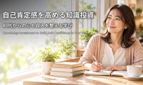 自己肯定感を高める知識投資 40代からの心と収入を整える学び 窓辺の席でノートに書き留めながら微笑む女性