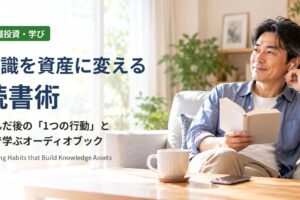 知識を資産に変える読書術：明るいリビングで本を手にオーディオブックを聴く40代の男性