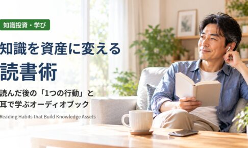 知識を資産に変える読書術：明るいリビングで本を手にオーディオブックを聴く40代の男性