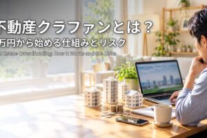 不動産クラファンとは？1万円から始める仕組みとリスク マンション模型と硬貨を前にパソコンで投資を検討する男性