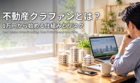 不動産クラファンとは？1万円から始める仕組みとリスク マンション模型と硬貨を前にパソコンで投資を検討する男性