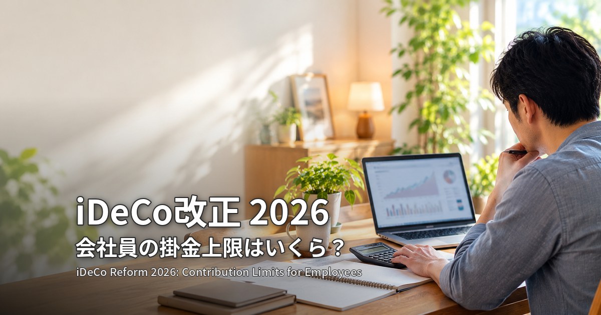 iDeCo改正2026 会社員の掛金上限はいくら？ノートパソコンと電卓で積立額を計算する会社員