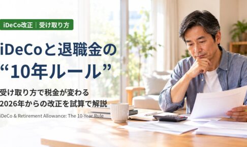 iDeCoと退職金の10年ルール：自宅のテーブルで退職金の書類と電卓を前に受け取り方を考える50代の男性