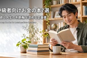 中級者向けお金の本7選 投資と人生の判断軸を深める定番書 本棚の前でじっくり本を読む男性