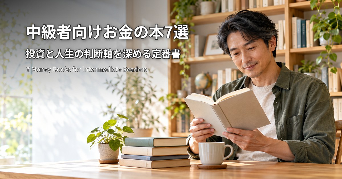 中級者向けお金の本7選 投資と人生の判断軸を深める定番書 本棚の前でじっくり本を読む男性