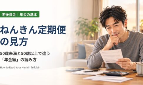 ねんきん定期便の見方：自宅のリビングで届いたはがきを手に取り、年金の見込額を確認する40代の男性