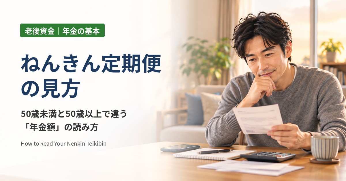 ねんきん定期便の見方：自宅のリビングで届いたはがきを手に取り、年金の見込額を確認する40代の男性