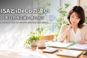 NISAとiDeCoの違い 2026年12月改正後の使い分け 2冊のフォルダを見比べて考える女性
