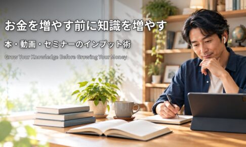 お金を増やす前に知識を増やす 本・動画・セミナーのインプット術 イヤホンをつけてタブレットと本でメモを取りながら学ぶ男性