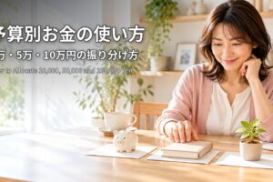 予算別お金の使い方 1万・5万・10万円の振り分け方 貯金箱・本・若葉をのせた封筒を見比べる女性