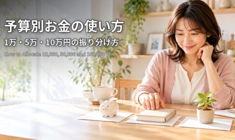 予算別お金の使い方 1万・5万・10万円の振り分け方 貯金箱・本・若葉をのせた封筒を見比べる女性