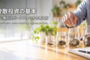 分散投資の基本 初心者向けポートフォリオの考え方 硬貨の量が違う4つのガラス瓶に硬貨を入れる手元