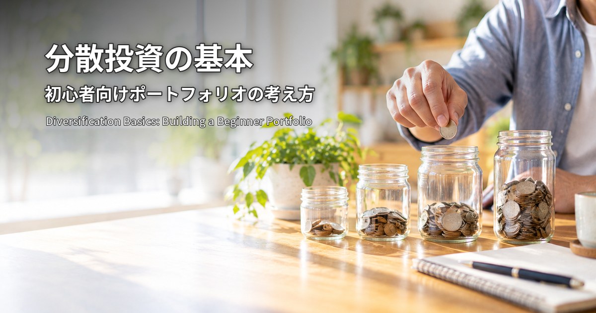 分散投資の基本 初心者向けポートフォリオの考え方 硬貨の量が違う4つのガラス瓶に硬貨を入れる手元