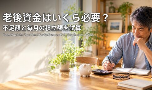 老後資金はいくら必要？不足額と毎月の積立額を試算 電卓とノートで老後資金を計算する50代の男性