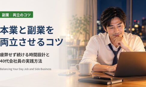 本業と副業を両立させるコツ：夜の自宅でノートパソコンに向かい副業の作業をする40代の会社員