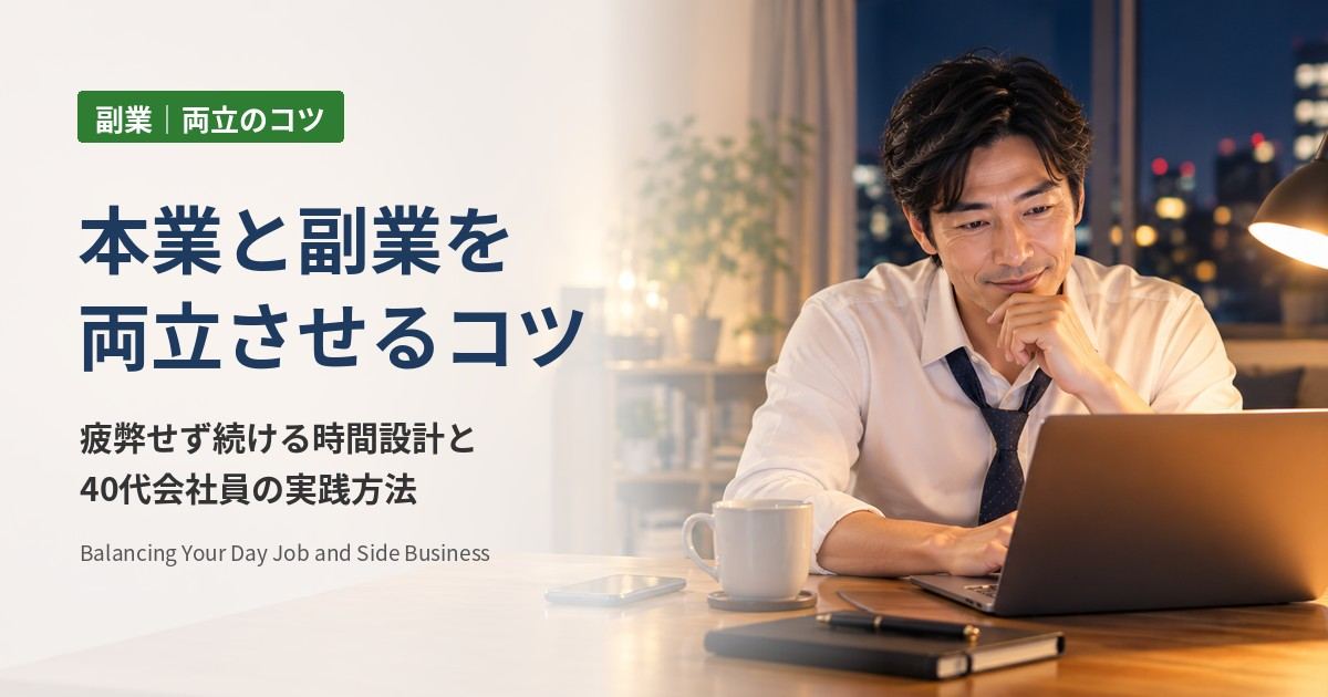 本業と副業を両立させるコツ：夜の自宅でノートパソコンに向かい副業の作業をする40代の会社員