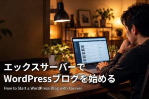 夜の書斎でノートパソコンを開き、WordPressブログの管理画面で作業する男性