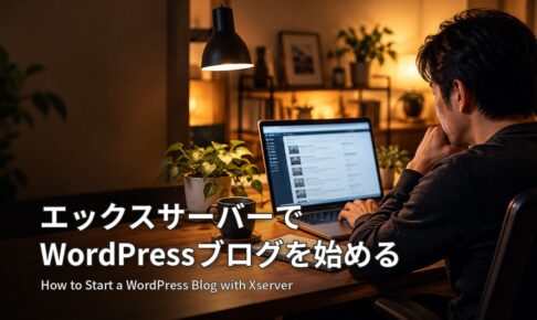 夜の書斎でノートパソコンを開き、WordPressブログの管理画面で作業する男性