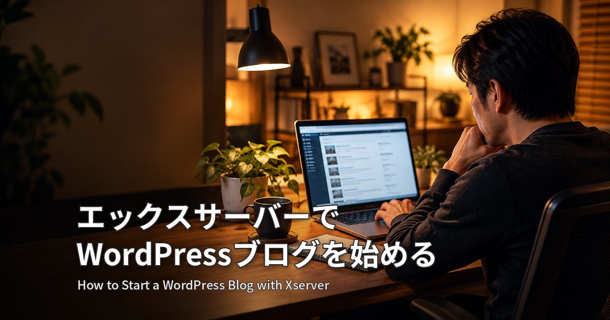 夜の書斎でノートパソコンを開き、WordPressブログの管理画面で作業する男性